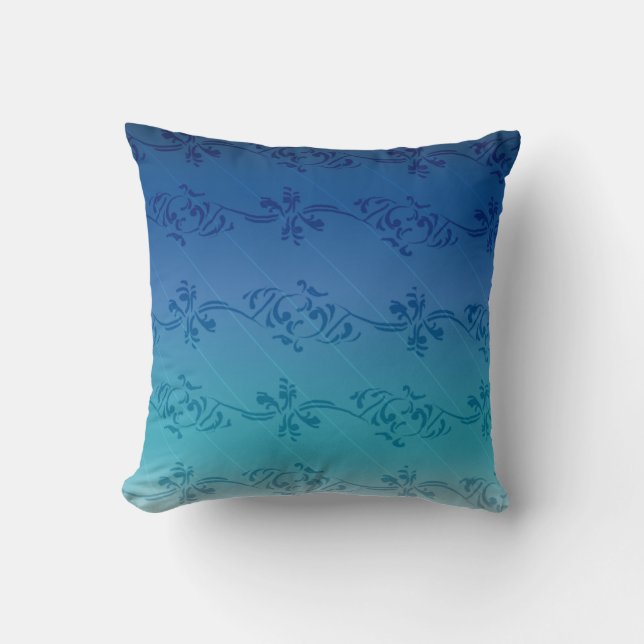 Blue Gradient Striped Floral Leaf Pattern Throw Pillow (Front)