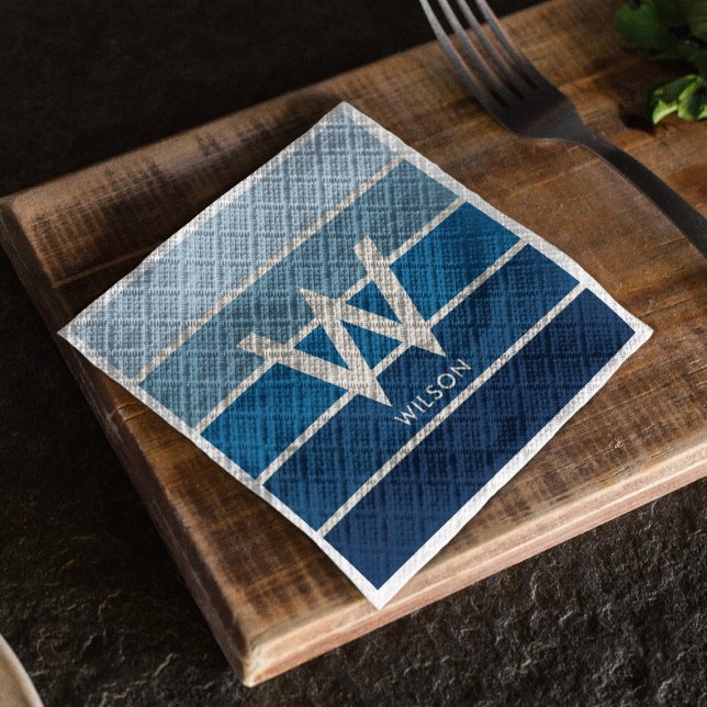 Blue Gradient Striped Monogram Personal Party Napkins (Creator Uploaded)