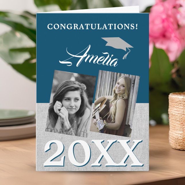 Blue Graduate 2 Photo Congratulations Graduation Card (Creator Uploaded)