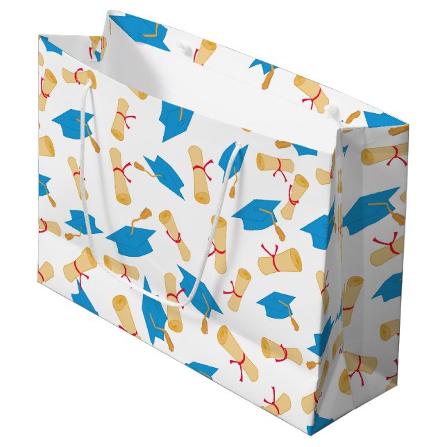 Blue Graduate Cap and Diploma Pattern Large Gift Bag (Front Angled)