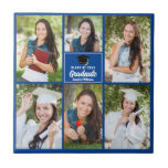 Blue Graduate Photo Collage 2024 Custom Graduation Ceramic Tile<br><div class="desc">This modern blue senior graduate photo collage tile features your favorite 6 student photographs. This graduation keepsake gift features classy white typography of your high school or college name for the class of 2024. Customize this design with your graduating year below the black grad cap.</div>