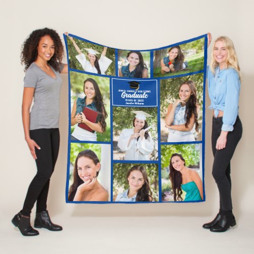 Blue Graduate Photo Collage 2024 Custom Graduation Fleece Blanket