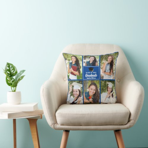 Blue Graduate Photo Collage 2024 Custom Graduation Throw Pillow