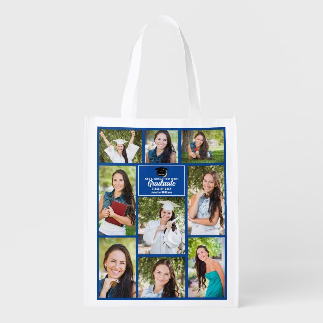 Blue Graduate Photo Collage 2025 Graduation Gift Grocery Bag (Front)