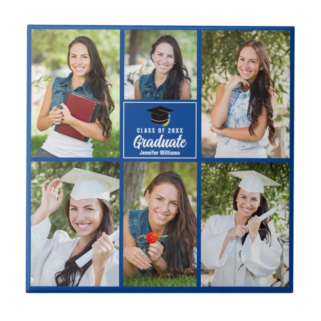 Blue Graduate Photo Collage Custom Graduation Ceramic Tile (Front)