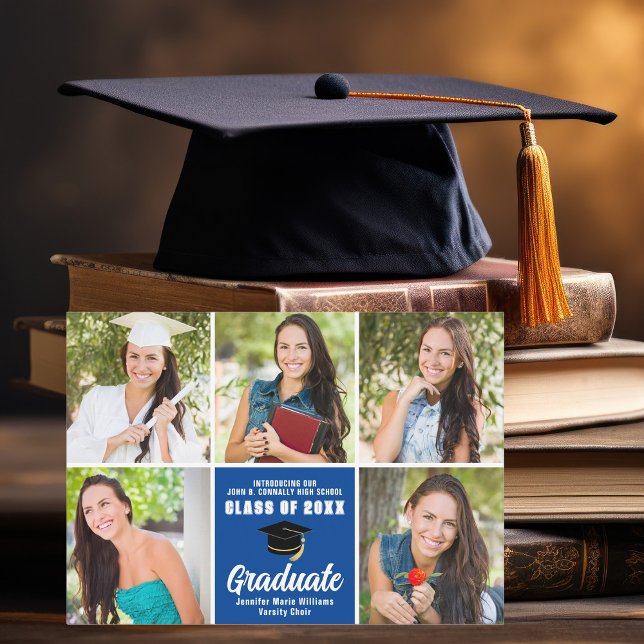 Blue Graduate Photo Collage Customized Graduation Announcement (Creator Uploaded)