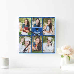 Blue Graduate Photo Collage Customized Graduation Square Wall Clock