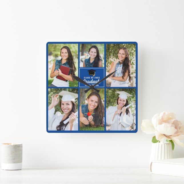 Blue Graduate Photo Collage Customized Graduation Square Wall Clock (Home)