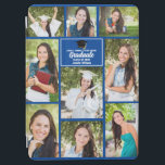 Blue Graduate Photo Collage Cute 2024 Graduation iPad Air Cover<br><div class="desc">This modern blue senior graduate photo collage notebook features your favorite 9 student photographs. This graduation design features classy white typography of your high school or college name for the class of 2024. Customize this keepsake gift with your graduating year below the black grad cap. It features 2 horizontal pictures,...</div>