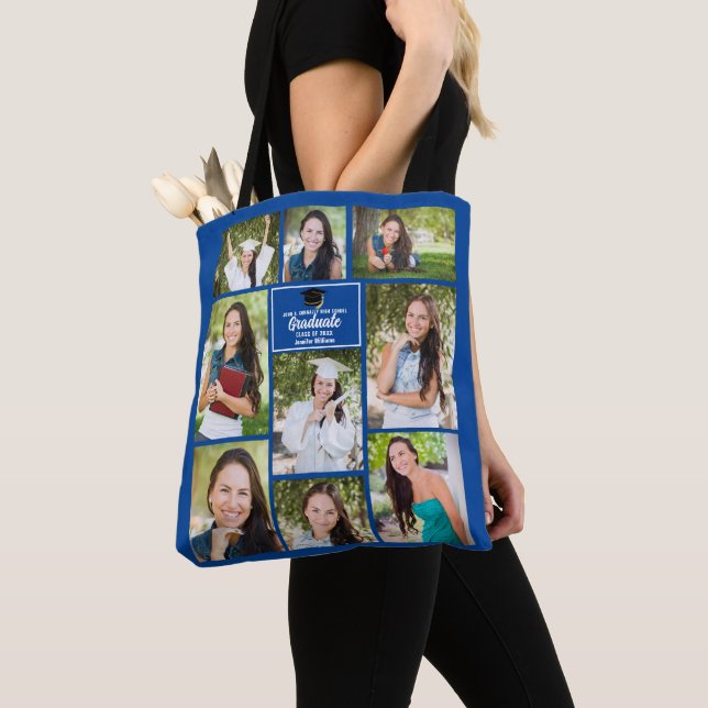 Blue Graduate Photo Collage Graduation Gift Tote Bag (Close Up)