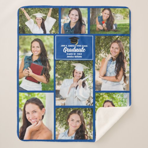 Blue Graduate Photo Collage Modern 2024 Graduation Sherpa Blanket