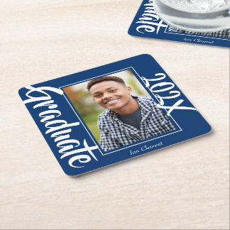 Blue Graduate Photo Personalized Party Square Paper Coaster