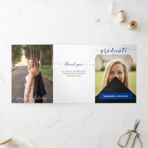 Blue Graduate Script Modern Three Photo Tri-Fold Invitation