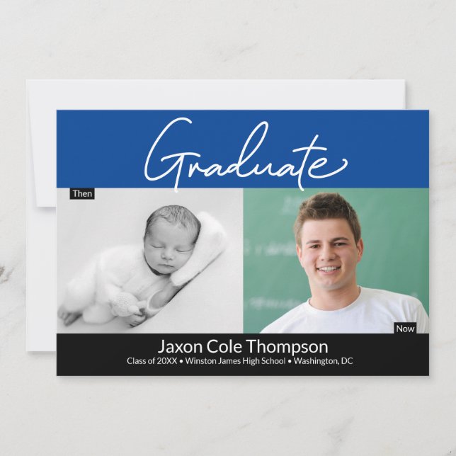 Blue Graduate Then and Now high school Grad photo  Announcement (Front)