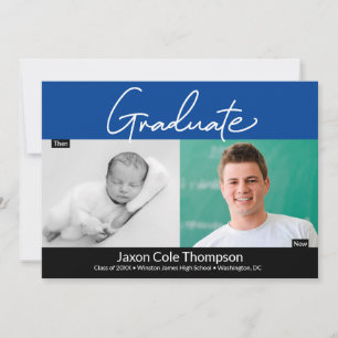 Blue Graduate Then and Now high school Grad photo Announcement
