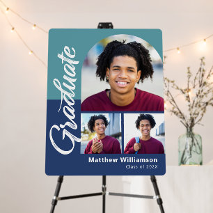 Blue Graduation 3 Photo Bold Arch Script Modern Foam Board