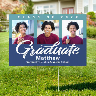Blue Graduation 3 Photo Bold Script Modern Yard Sign