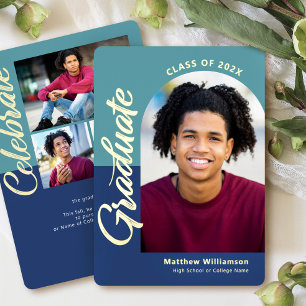 Blue Graduation 4 Photo Bold Arch Party Real Gold Foil Invitation