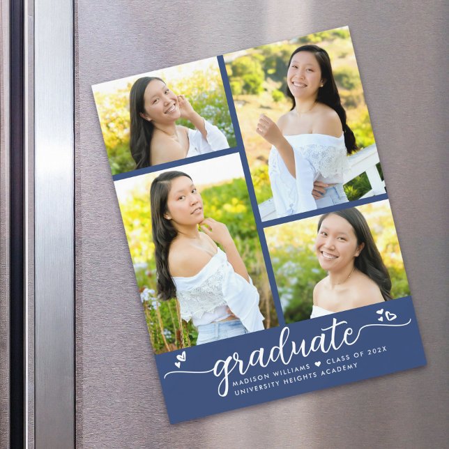 Blue Graduation 4 Photo Script Hearts Modern Girly Magnetic Invitation (Creator Uploaded)