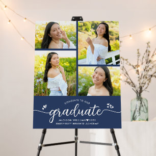 Blue Graduation 4 Photo White Script Hearts Modern Foam Board