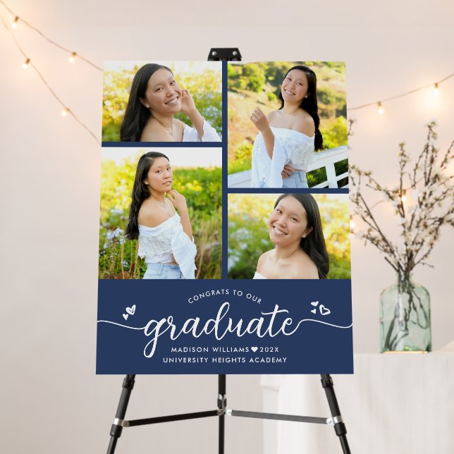 Blue Graduation 4 Photo White Script Hearts Modern Foam Board (In Situ (Stand))