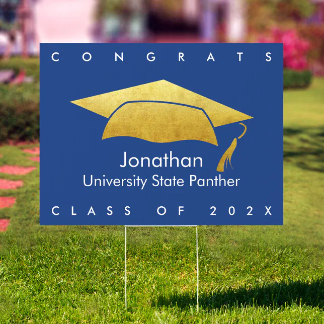 Blue Graduation Bold Modern Gold Cap MEDIUM Yard Sign | Zazzle