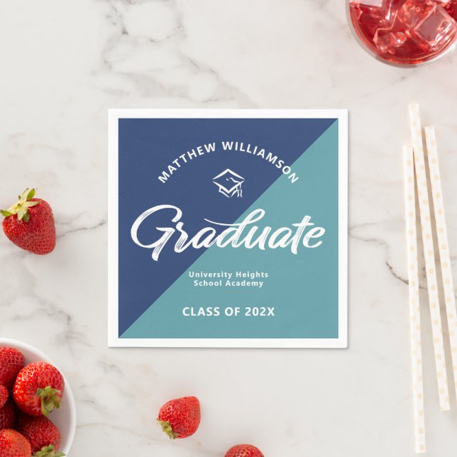 Blue Graduation Bold Retro Script Cap Icon Minimal Napkins (Insitu)