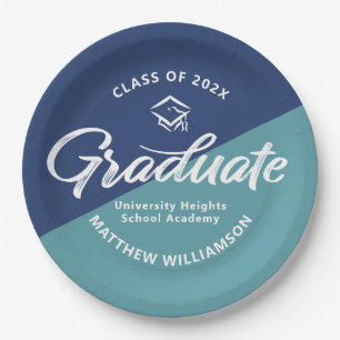 Blue Graduation Bold Retro Script Cap Icon Minimal Paper Plates