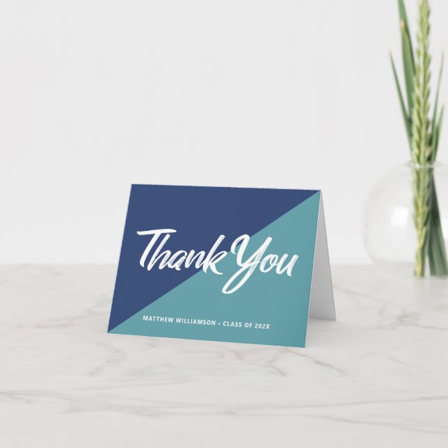 Blue Graduation Bold Script Cap Icon Retro Minimal Letterpress Thank You Card (Front)