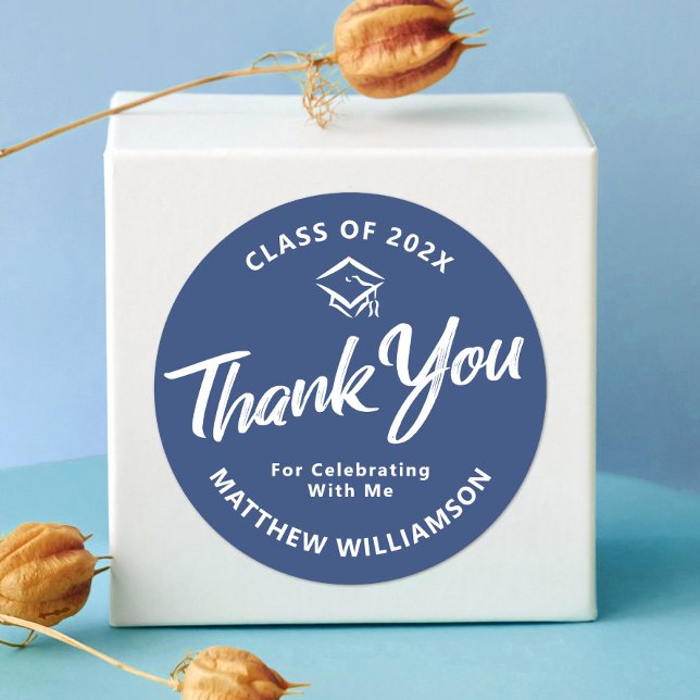 Blue Graduation Bold Script Cap Thank You Minimal Classic Round Sticker (Creator Uploaded)