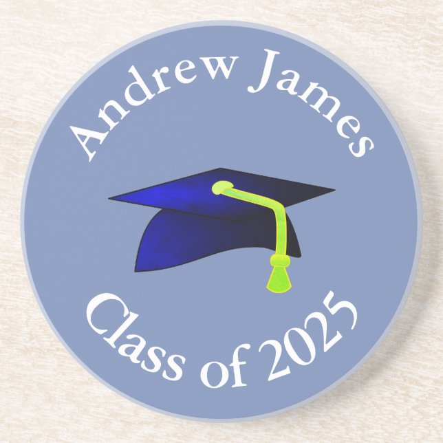 blue graduation cap - class of 2025  -your name coaster (Front)
