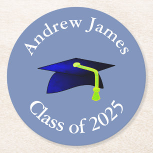 blue graduation cap - class of 2025 -your name round paper coaster