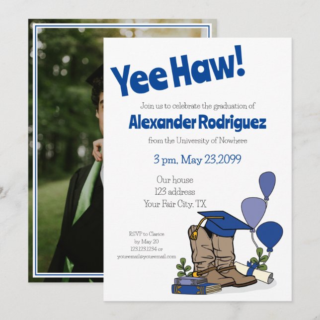 Blue Graduation Cap Cowboy Boot Arrangement Invitation (Front/Back)