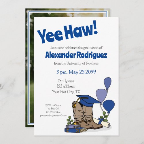 Blue Graduation Cap Cowboy Boot Arrangement Invitation