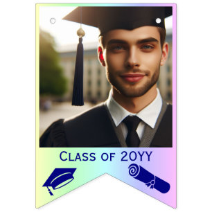 Blue Graduation Cap, Diploma & 16-Photo on Rainbow Bunting Flags