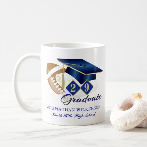 Blue Graduation Cap Football Personalized Coffee Mug