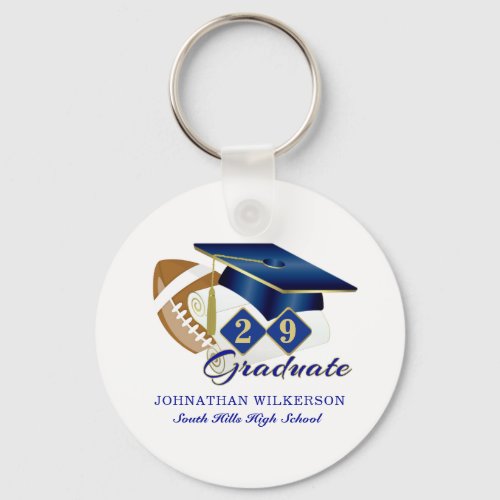 Blue Graduation Cap Football Personalized Keychain