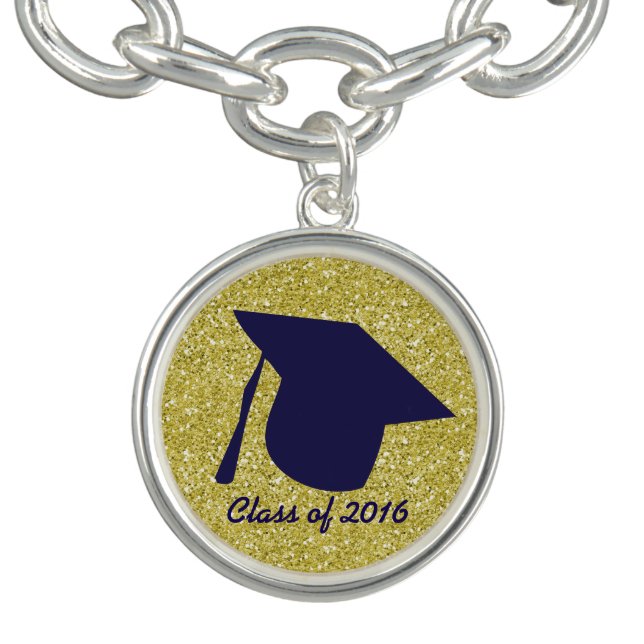 Blue Graduation Cap Gold Faux Glitter Bracelet (Design)