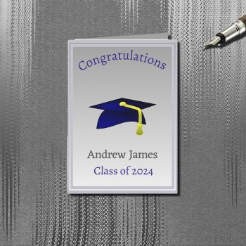 Blue Graduation Cap  In Silver - Congratulations Card by almawad at Zazzle