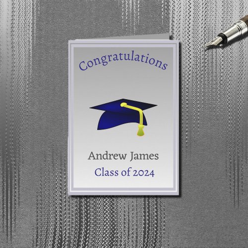 blue graduation cap  in silver _ Congratulations Card