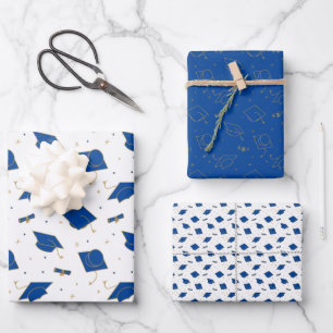 Blue Graduation Cap Toss Wrapping Paper Sheets