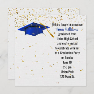 Blue Graduation Cap with Gold Confetti Invitation