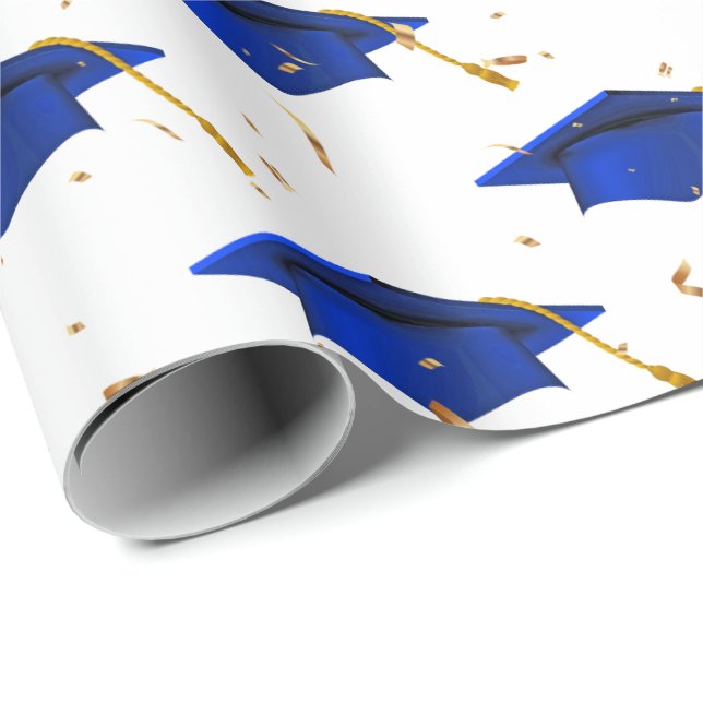 Blue Graduation Caps and Gold Confetti   Wrapping Paper (Roll Corner)