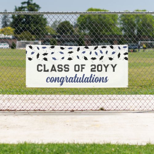 Blue Graduation Caps Class of Year Congratulations Banner