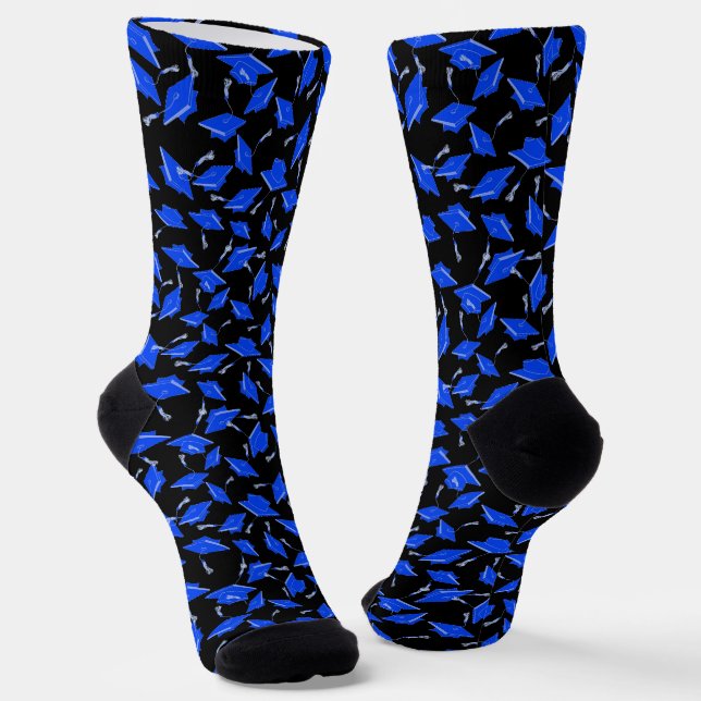 Blue Graduation Caps Tossed in the Air on Black  Socks (Angled)