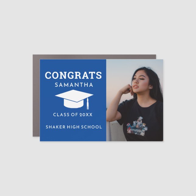 Blue Graduation Car Magnet – Bold Photo Design (Front)