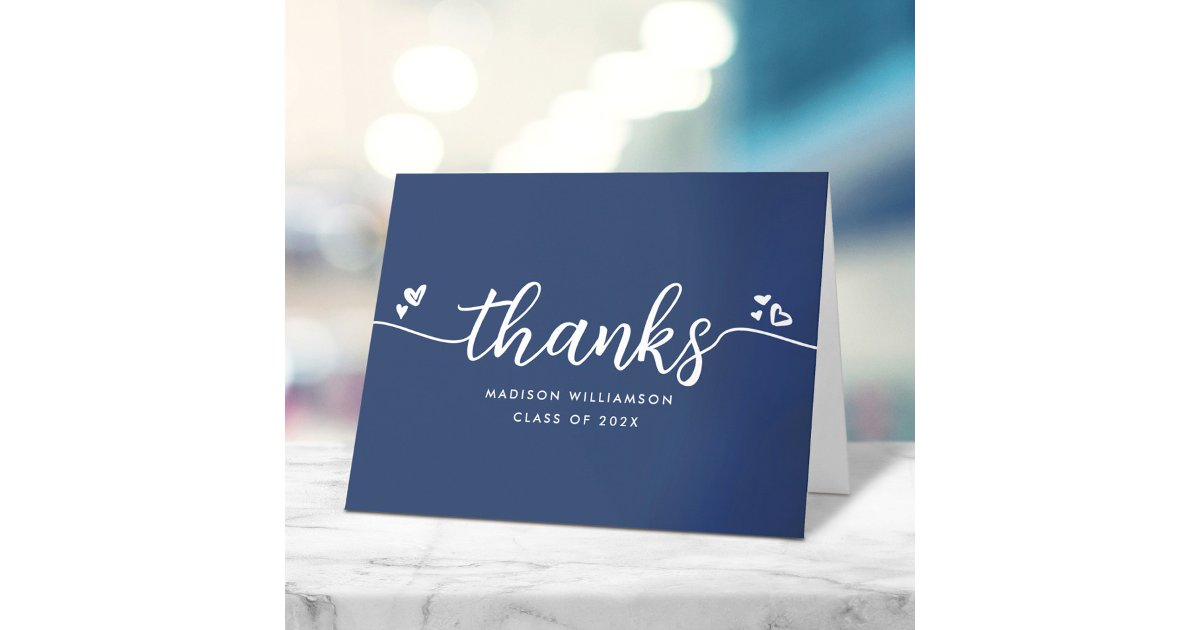 Blue Graduation Chic Modern Elegant Script Hearts Thank You Card | Zazzle