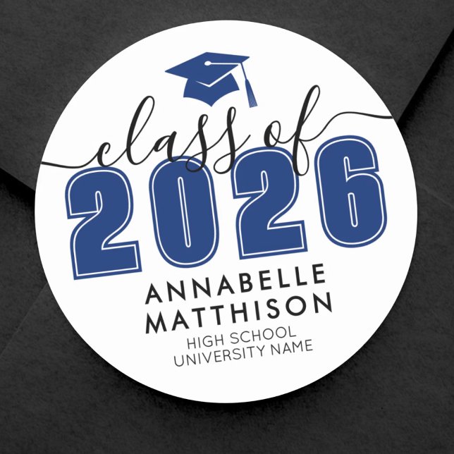 Blue Graduation Classic Round Sticker (Graduate Class Of 2026 Blue Graduation Classic Round Sticker)
