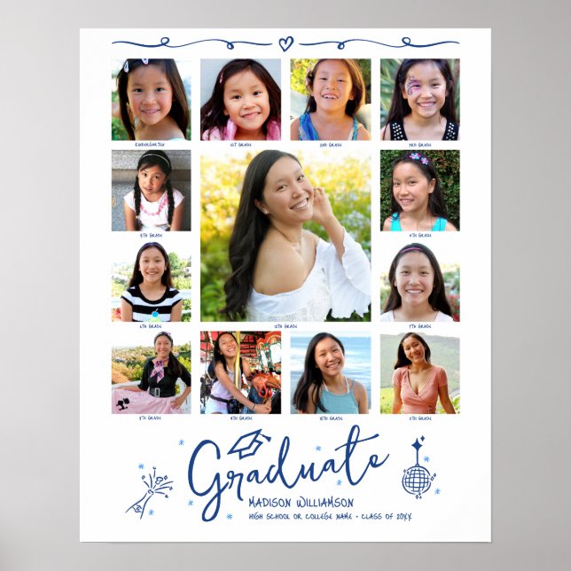 Blue Graduation K–12 Photo Collage Doodles White Poster (Front)