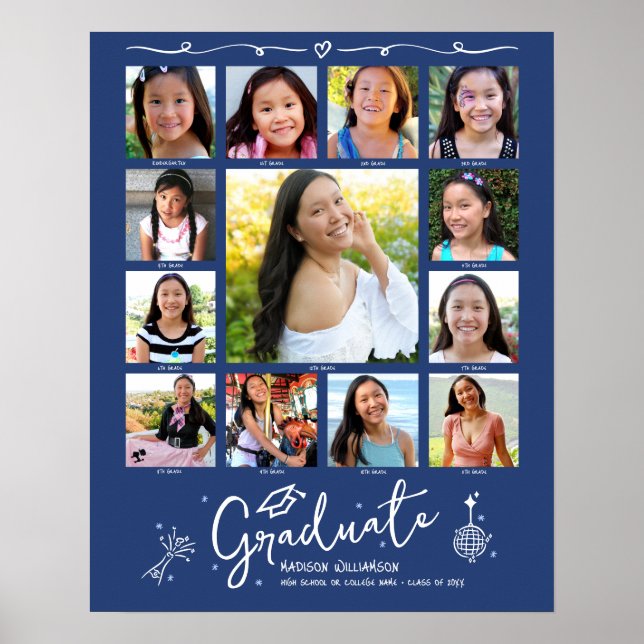Blue Graduation K–12 Photo Collage White Doodles Poster (Front)